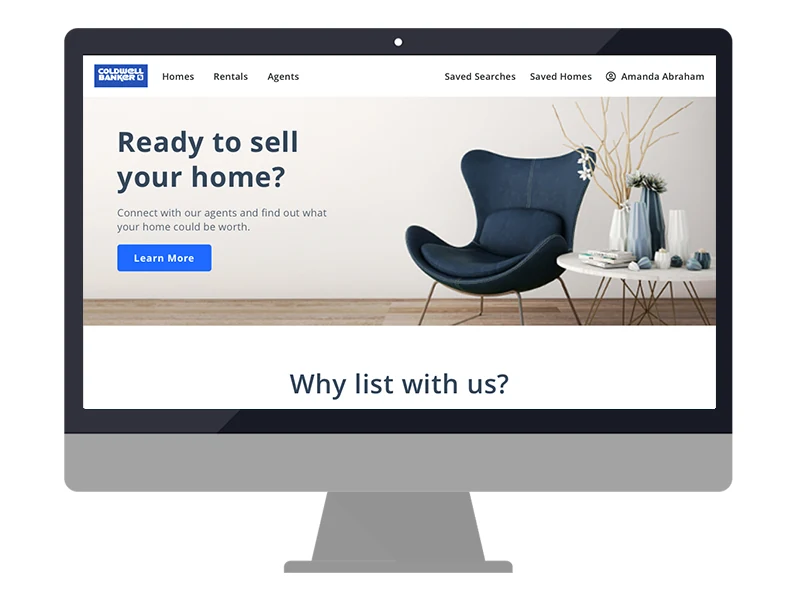 Desktop mockup of the redesigned Seller's page hero: a Ready to sell your home? headline with a Learn More button beside a living-room photo, and the start of a Why List With Us section below