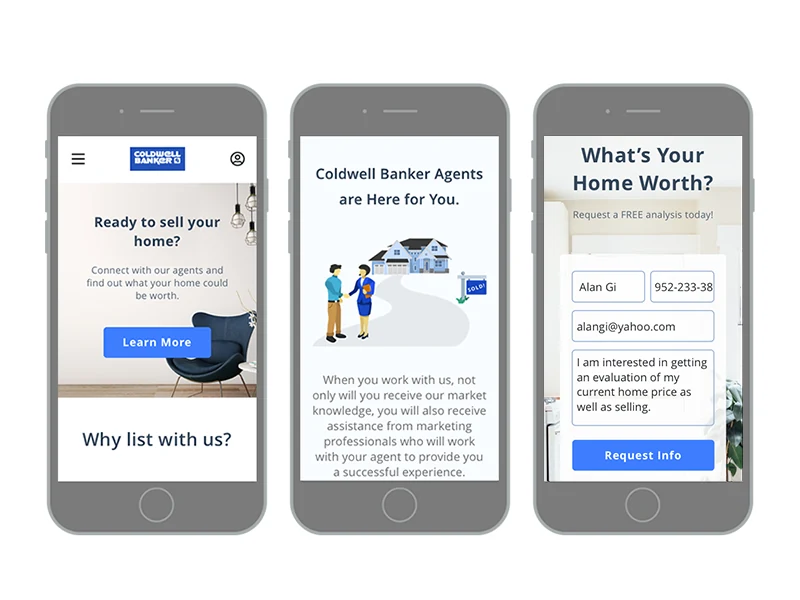 Three mobile screens from the redesigned Seller's page: the Ready to sell your home hero, an Agents Are Here for You illustration with supporting copy, and a What's Your Home Worth contact form