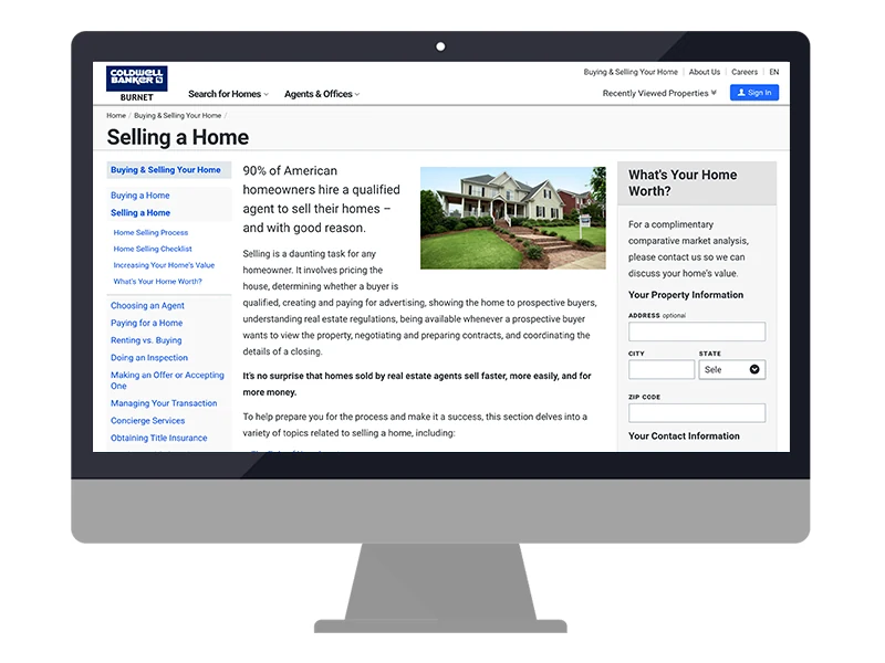 The legacy Coldwell Banker Selling a Home page — a left sidebar of text links, a dense paragraph of body copy beside a small house photo, and a plain contact form in the right rail