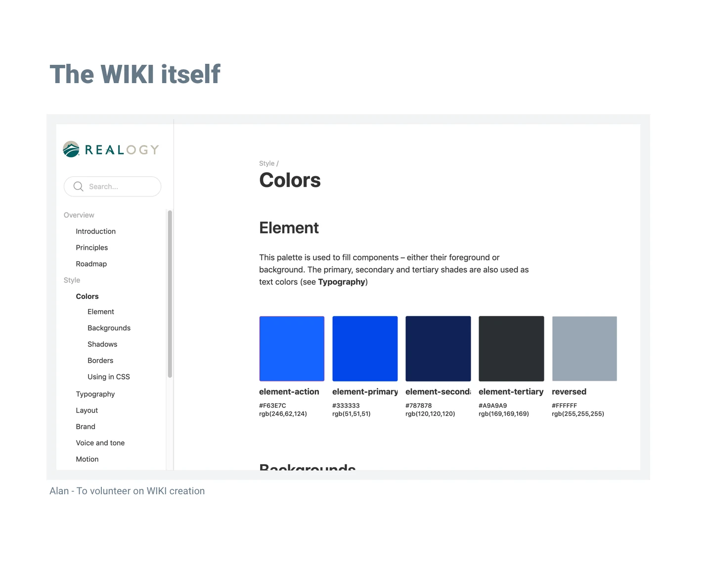 Screenshot of the design system Wiki's Colors documentation page, showing the element color palette with named swatches and hex values in a searchable sidebar