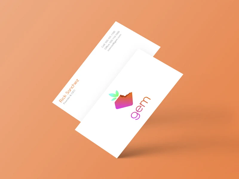 Two Gem business cards on an orange background — the front card with the strawberry logo and wordmark, the back card with a founder's name and contact details