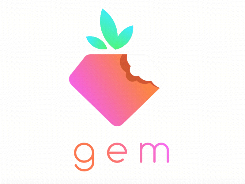 Animated build of the Gem logo — a gradient pink-to-orange strawberry-shaped diamond with a bite taken out of one corner and two mint-green leaves, with the lowercase 'gem' wordmark animating in below