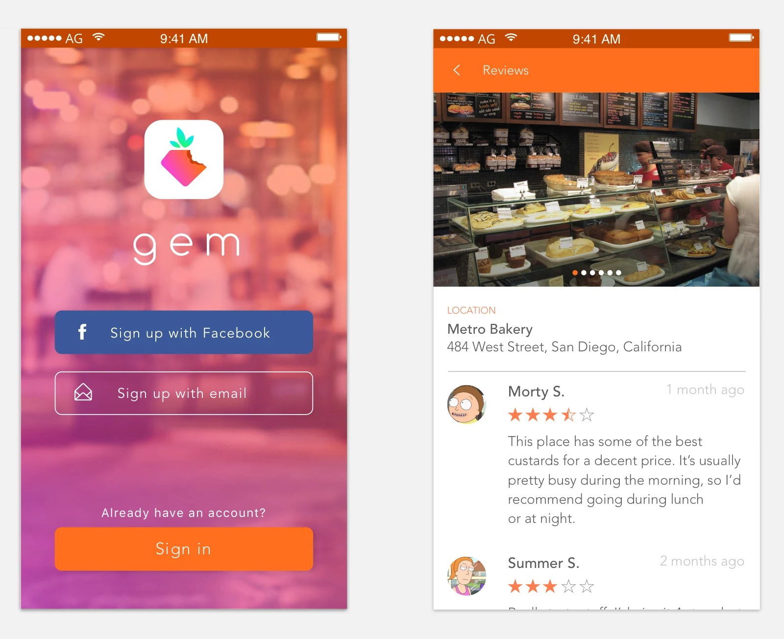 Gem app screens — restaurant rating and recommendation feed with the strawberry-shaped logo mark