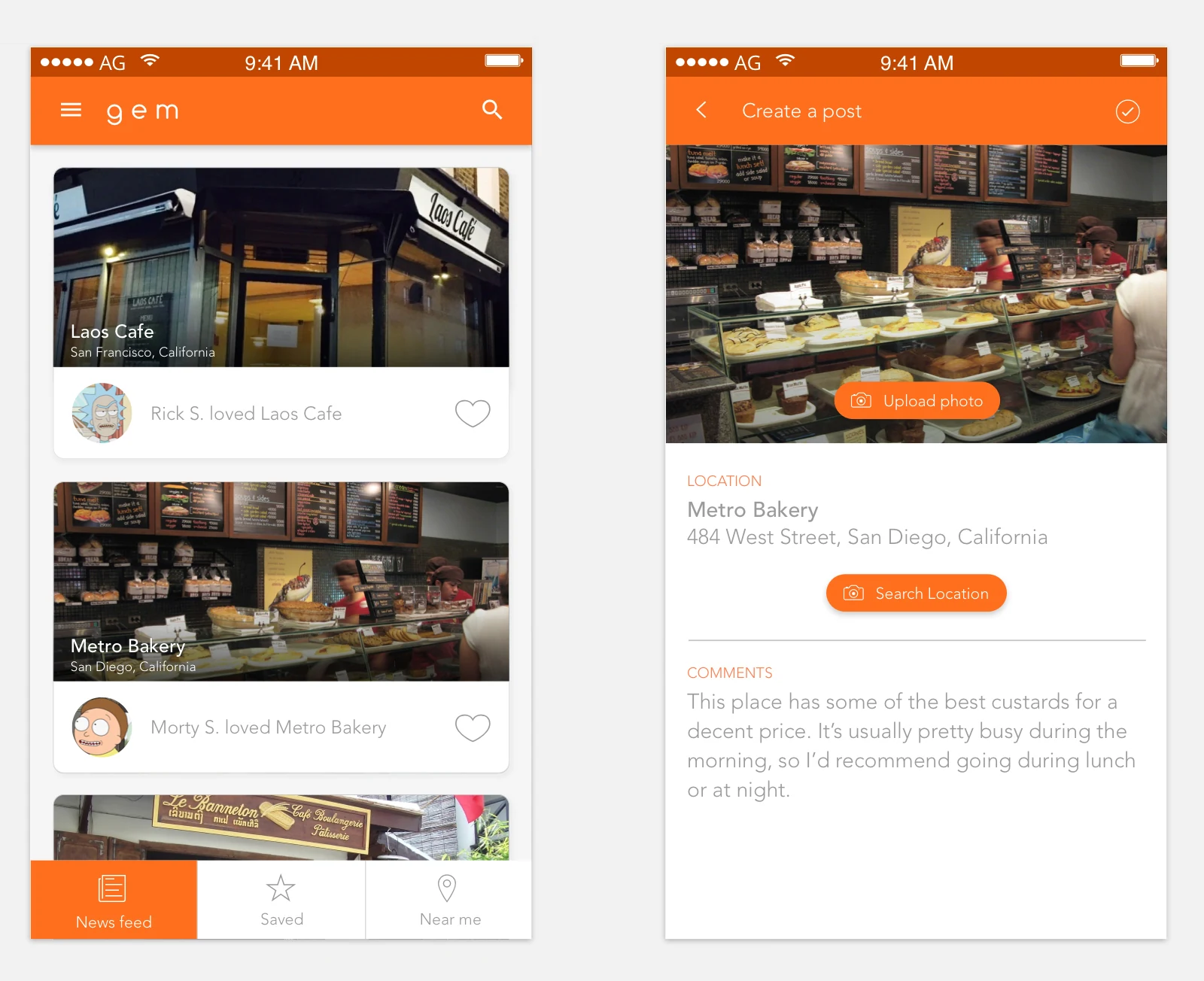 Two Gem app screens — a News feed listing friends' activity at Laos Cafe and Metro Bakery, and a Create a Post screen for adding a location, photo, and comment