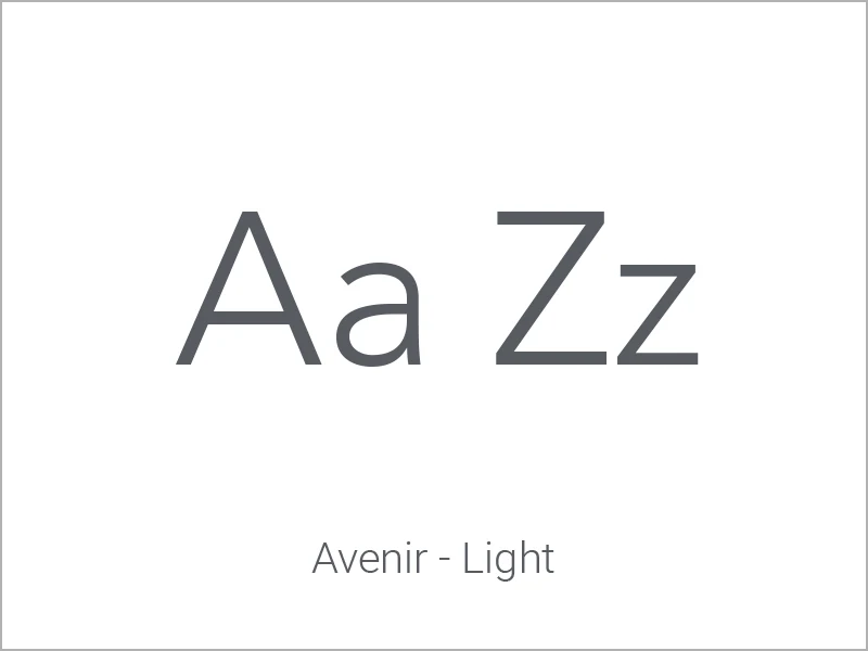 Gem body typography specimen — Avenir Light, showing Aa and Zz