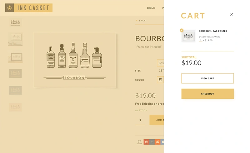 Ink Casket slide-out cart panel showing a bourbon bar poster line item and order summary