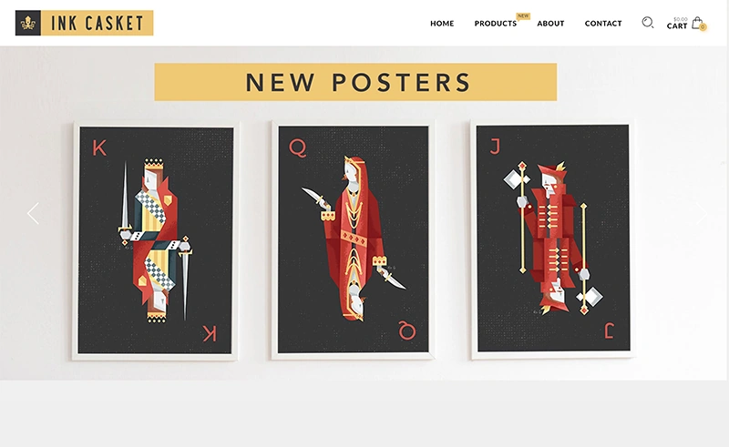 Ink Casket New Posters collection module showing three framed playing-card poster designs