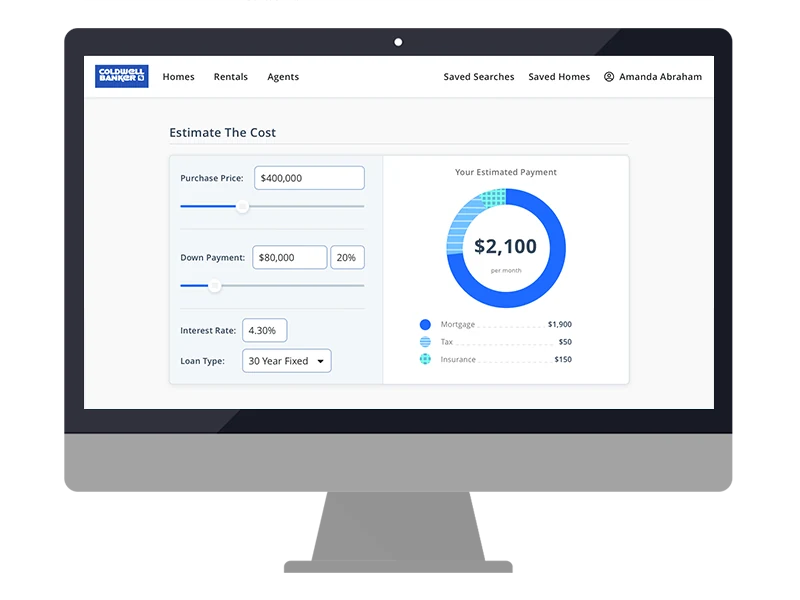 The final desktop calculator design shown on an iMac mockup, with the Coldwell Banker navigation bar, input fields on the left and the $2,100/mo payment breakdown donut chart on the right