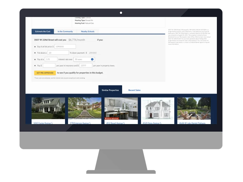 The original Coldwell Banker mortgage estimator, shown on a desktop monitor mockup — a sentence-style form ('3507 W 22nd Street will cost you $6,774/month if you...') with inline price, down payment, interest rate, insurance and tax fields, a yellow Get Pre-Approved button, and a row of similar-property thumbnails below