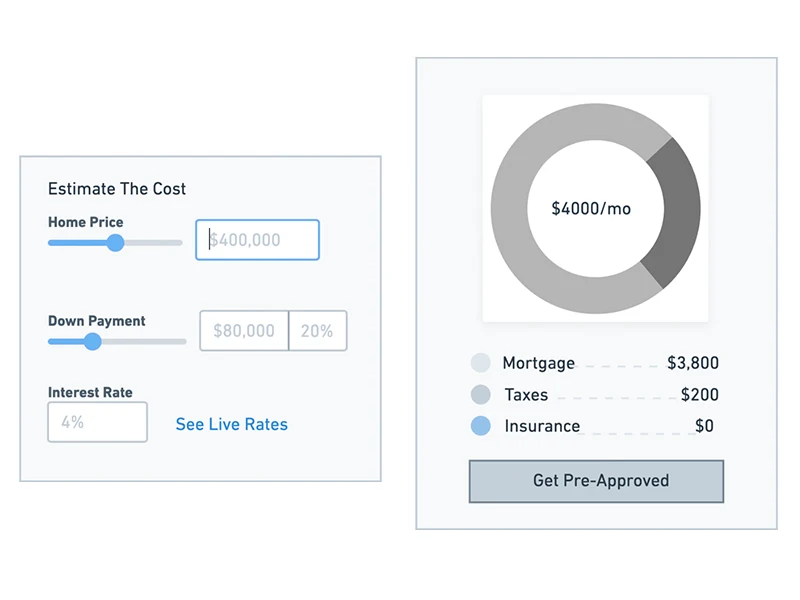 A second wireframe exploration splitting the calculator into two separate framed panels — an input form on the left and a standalone donut-chart results module with legend and CTA on the right