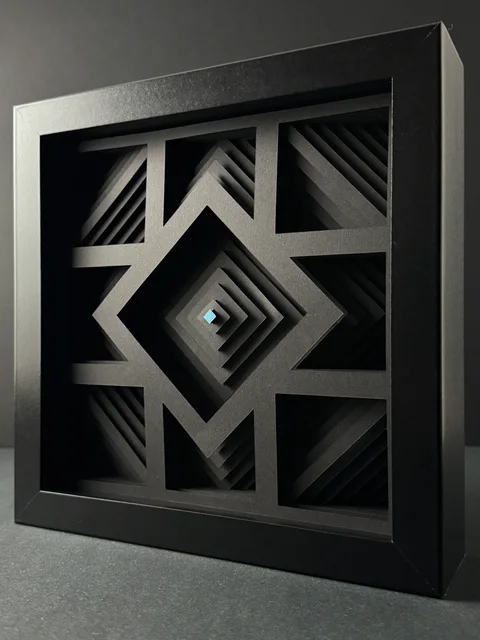 NF-02. Angled view of the frame and layered diamond-shaped recesses.