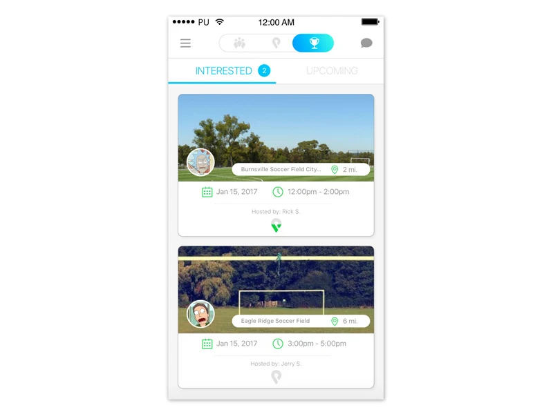 Interested and Upcoming tab view showing two booked game cards with host avatars, field photos, dates, and times