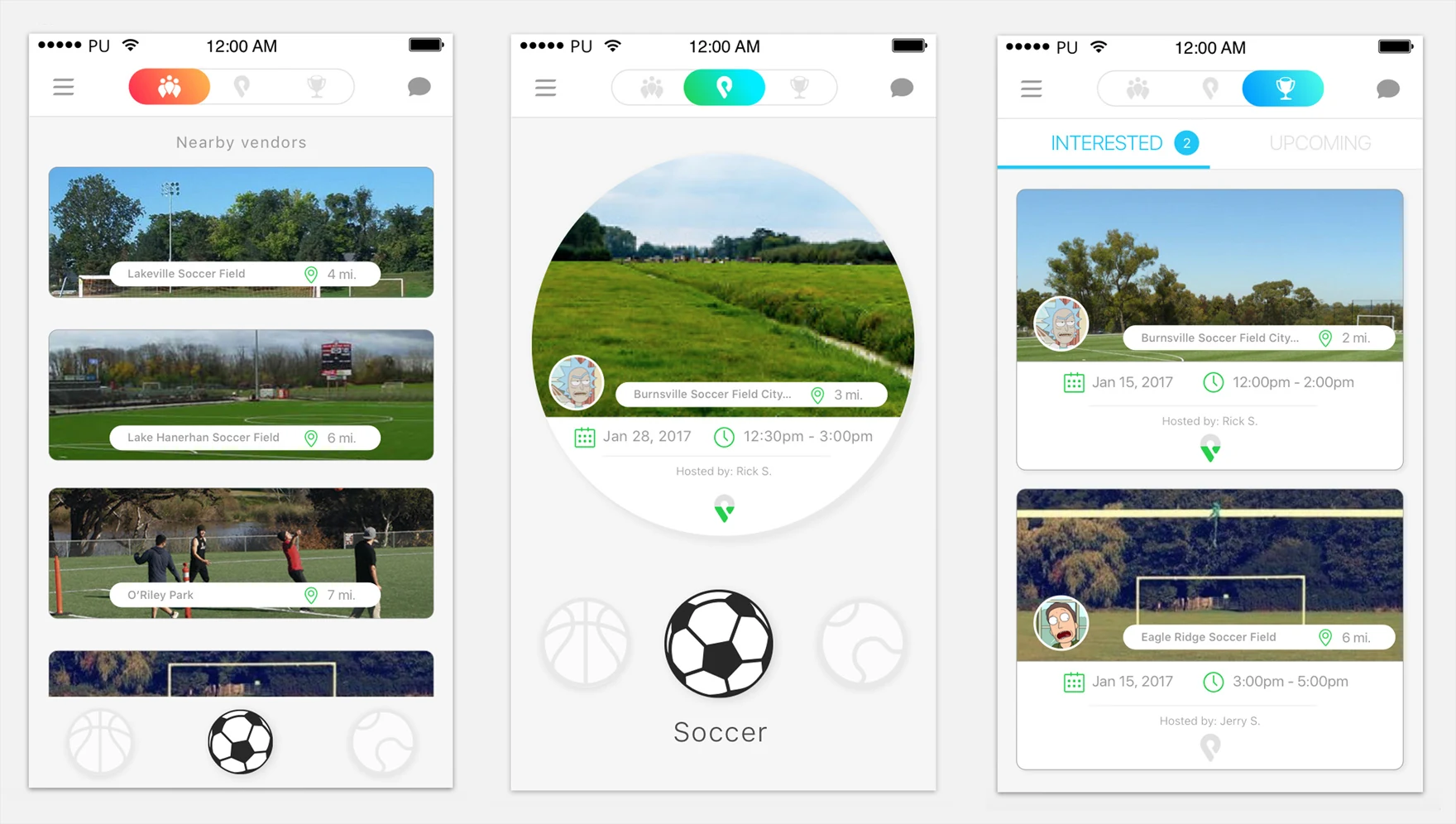 Pickr Uppr app screens — matchmaking cards for booking local sporting vendors and teammates
