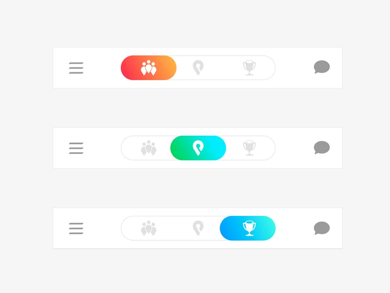 Three states of the Pickr Uppr pill-shaped navigation bar, each showing a different tab — Players, Location, and Trophies — highlighted with a color gradient