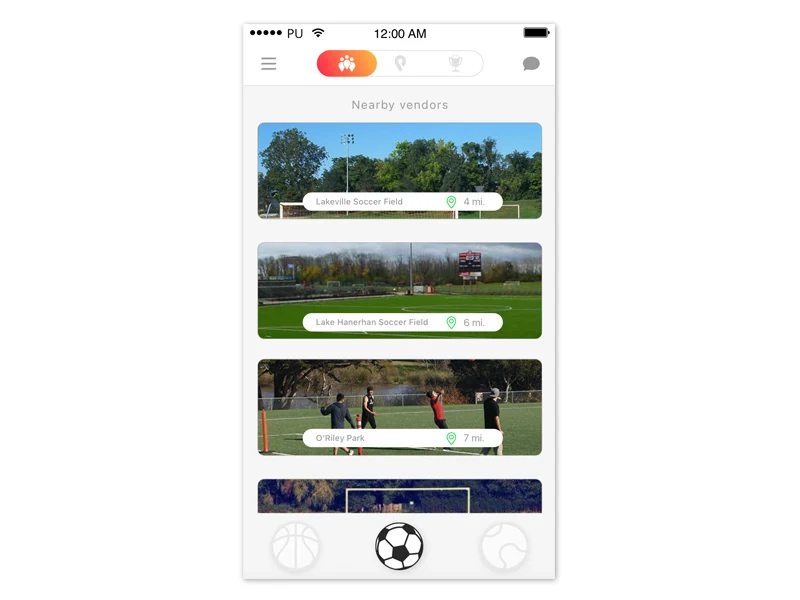 Scrollable list of nearby soccer vendors with distance labels, transitioning into the sport-picker row at the bottom of the screen