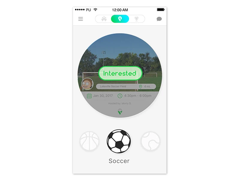 Circular matchmaking card mid-swipe, showing a green 'Interested' pill animating over a soccer field photo to confirm the user's response