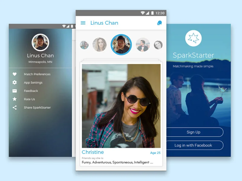 Three SparkStarter mobile screens — profile, a friend-vouched match card, and the sign-up screen