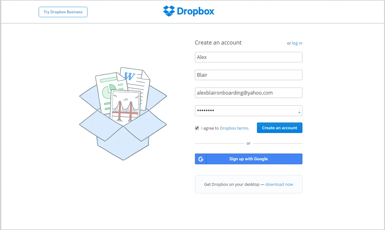 Dropbox account creation screen with a first name, last name, email and password form beside an illustration of an open box with documents inside