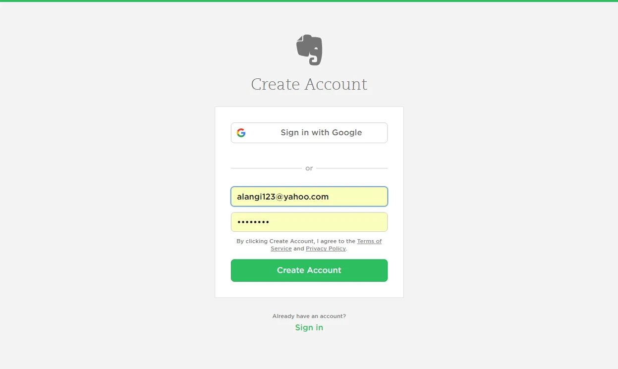 Evernote account creation screen with a centered elephant logo, Sign in with Google button, and email and password fields on a light gray background