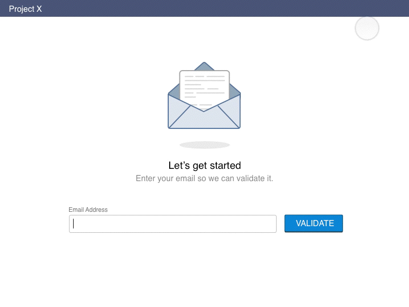 Animated prototype of the first onboarding approach — a simple email validation screen with an envelope illustration, transitioning through the registration code and completion steps