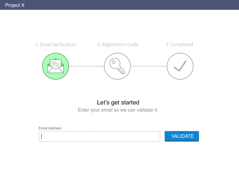 Animated prototype of the second onboarding approach — an email validation screen with a three-step progress indicator above the form, transitioning through registration code entry and a completed state