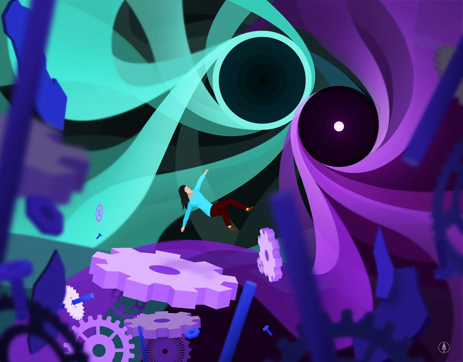 Surreal illustration of a woman falling through an abstract teal and purple vortex filled with oversized mechanical gears and bolts