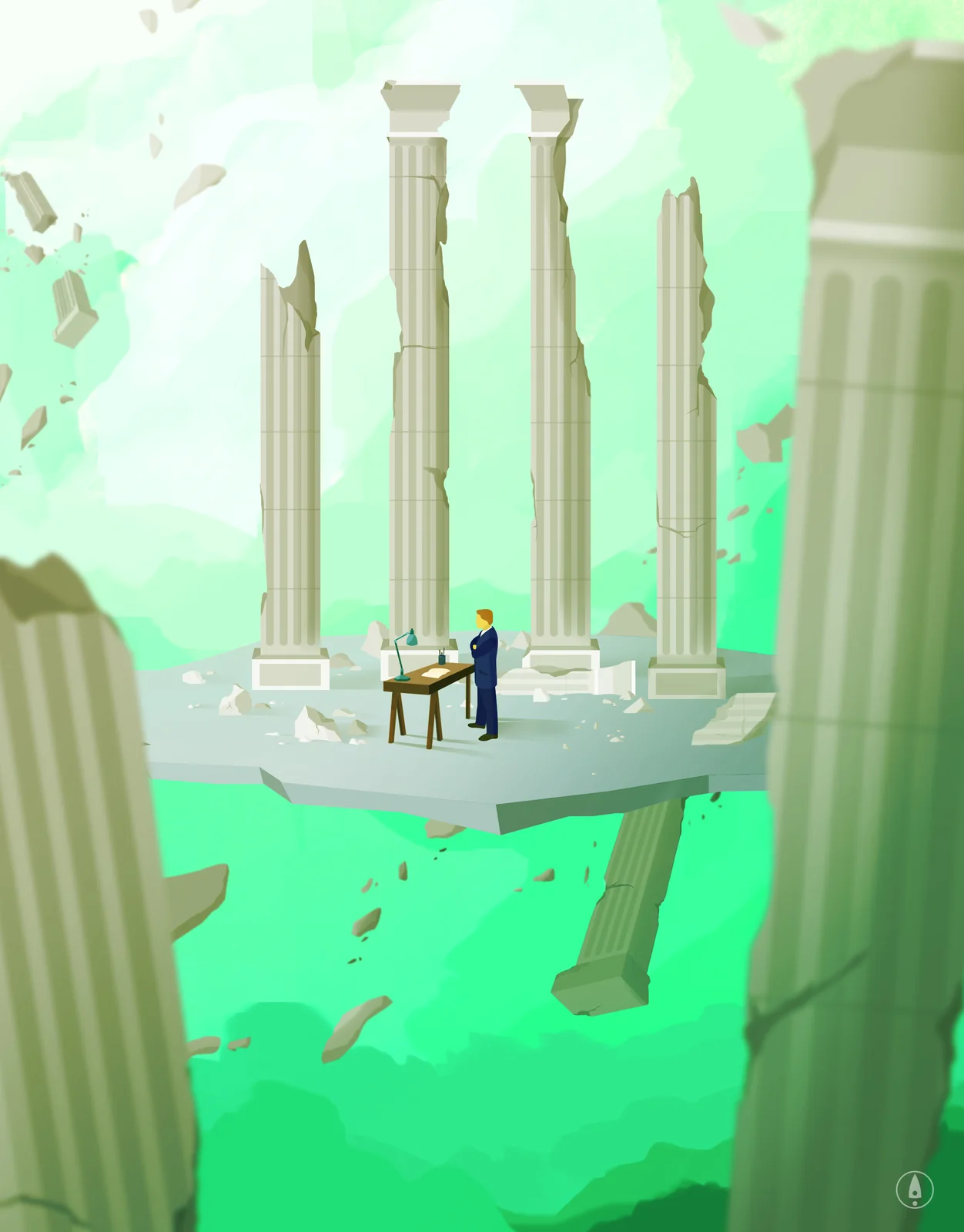Surreal illustration of a man in a suit standing at a small writing desk amid towering broken classical columns on a floating stone platform, set against a green sky