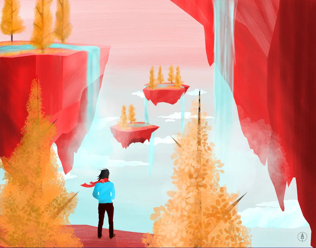 Surreal illustration of a figure in a blue sweater and red scarf, seen from behind, looking out from a red clifftop at floating islands with golden autumn trees and misty waterfalls