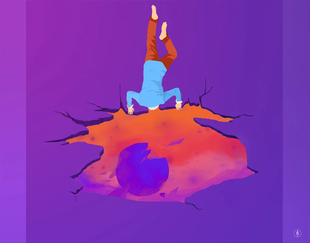 Surreal illustration of a figure diving headfirst into cracked earth that glows orange and red at the fracture, set against a flat purple background