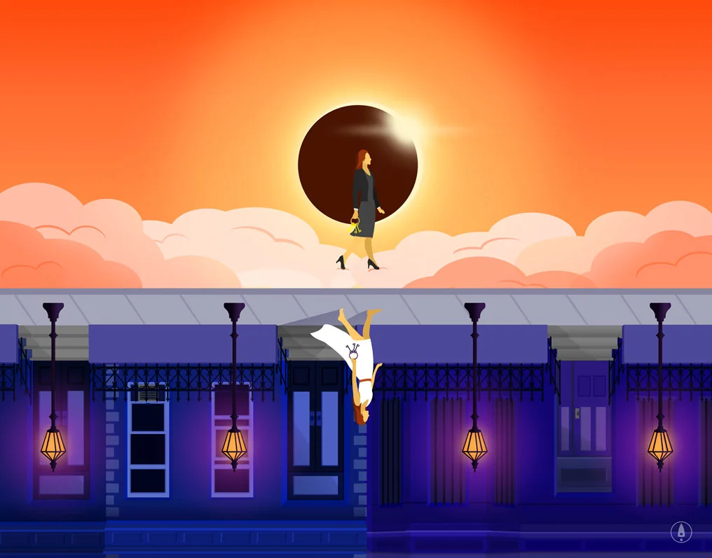 Surreal illustration of a woman walking through clouds toward a solar eclipse, with a figure falling past a lit building below