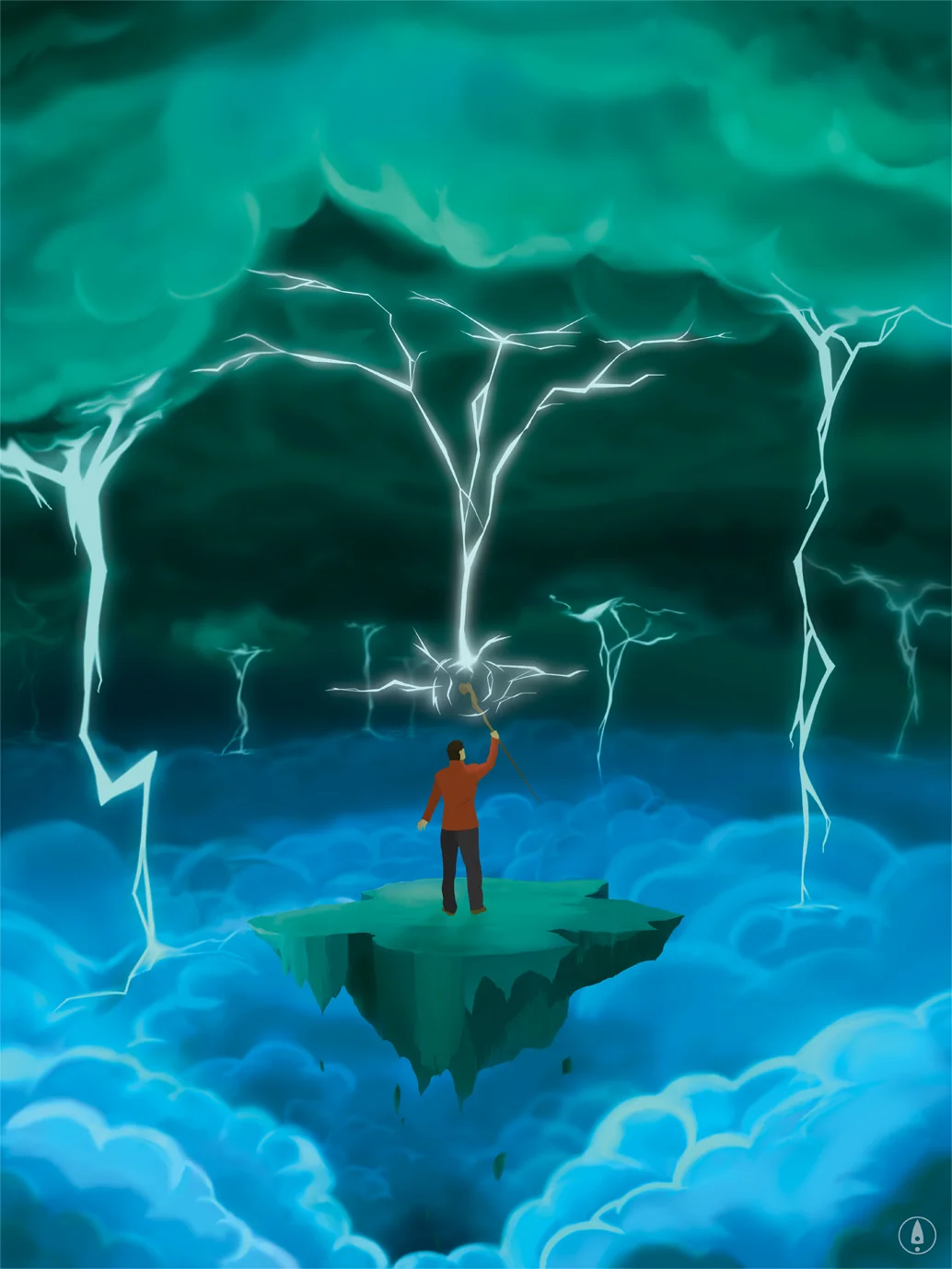 Surreal illustration of a figure standing on a small floating island of clouds, arms raised, channeling a massive bolt of lightning down from swirling teal storm clouds