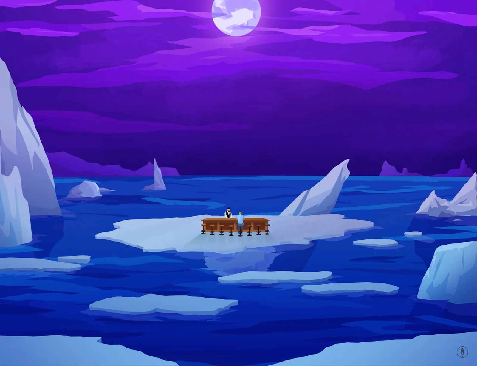 Surreal illustration of two figures seated at a bar built on a small ice floe adrift in a dark blue ocean, under a full moon and surrounded by icebergs