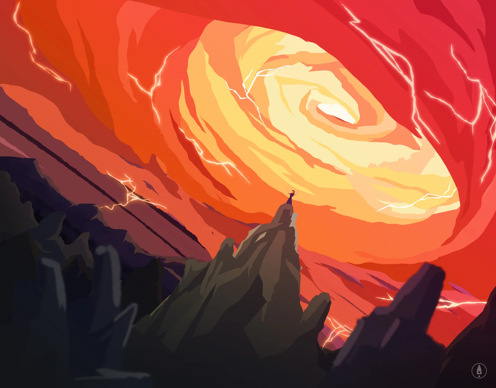 Surreal illustration of a lone figure standing on a jagged mountain peak with arms raised toward a swirling fiery orange sky torn open by lightning