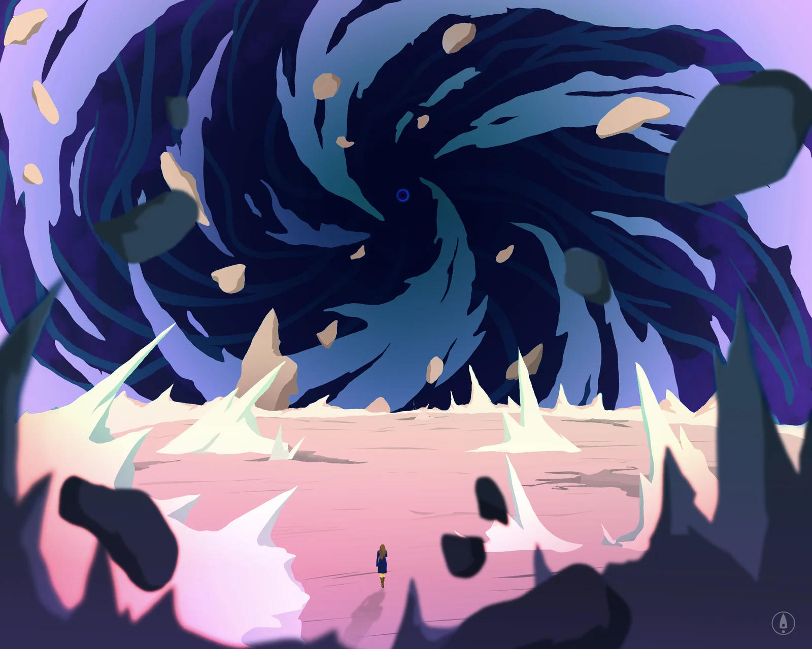 Surreal illustration of a small figure standing alone on a pale pink plain beneath an enormous dark blue vortex swirling in the sky, surrounded by jagged crystalline spires